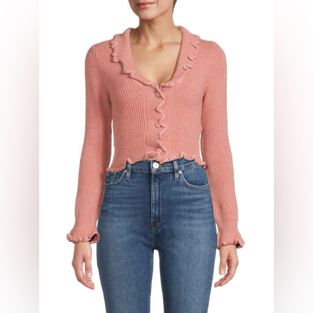 ZARA Pink Ruffle Trim Knit Cardigan Sweater Button Front Size Small - Picture 3 of 11